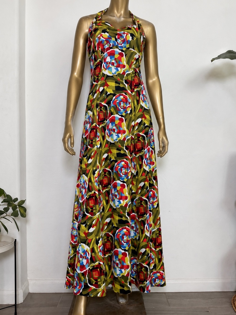Vintage Jack Hartley Miami Colorful Graphic Abstract Floral Maxi Halter Dress